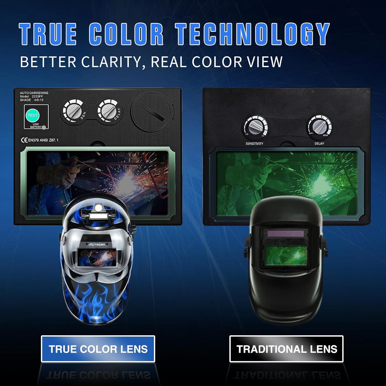 Welding Helmets for Men True Color Welding Hood Auto Darkening with Light, Solar Power 2 Arc Sensor Wide Shade 9-13 Welding Mask with Extra Grinding Mode (Blue Fire)