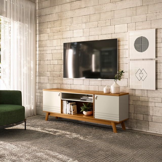 Rack para TV hasta 75 Pulgadas Bossa Colorado con Puertas Laterales y Estantes Abiertos Color Castaño / Blanco Hueso