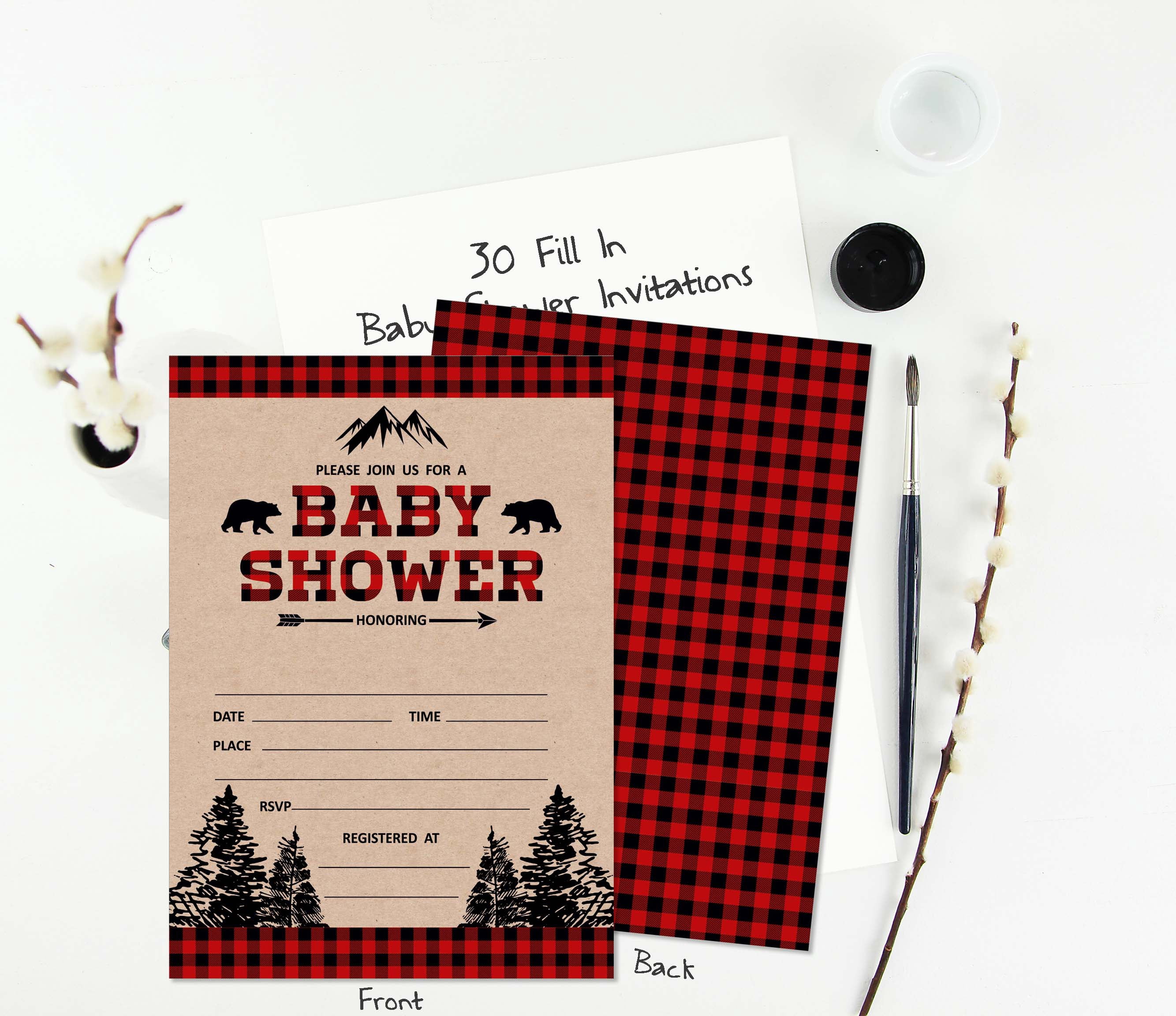 Inkdotpot 30 Kraft Fill In StyleBaby Shower Invitation Cards Gender Neutral Lumberjack Blank Invites