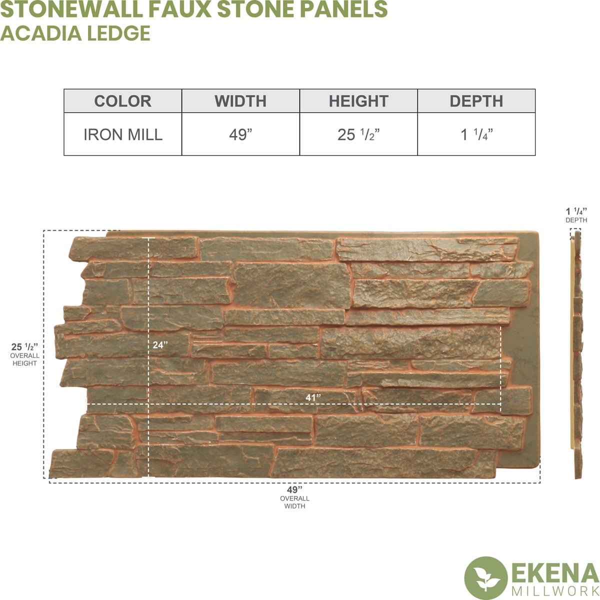 Ekena Millwork 49"W x 25 1/2"H x 1 1/4"D Acadia Ledge Stacked Stone, StoneWall Faux Stone Siding Panel, Iron Mill