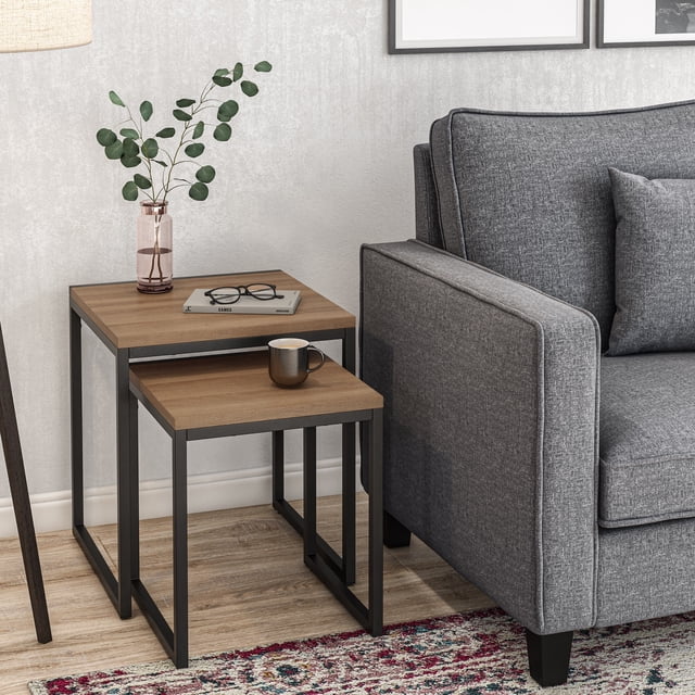 CorLiving Fort Worth Square Engineered Wood and Iron Indoor Nesting Side Tables, Brown Woodgrain