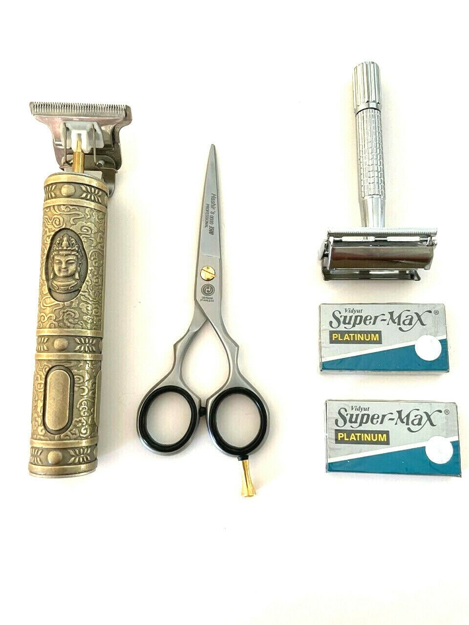 5pcs Men’s Hair Trimmer T-Liner Shaving Rechargeable + Shears Old Fashion Safety Razors Blades