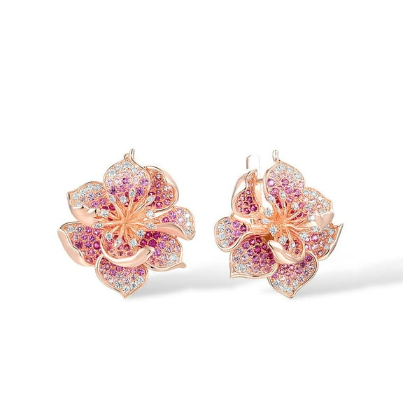 Santuzza 925 Sterling Silver Gemstone Flower Earrings Pink Sapphire Cubic Zirconia Hibiscus Dangle Earrings for Women