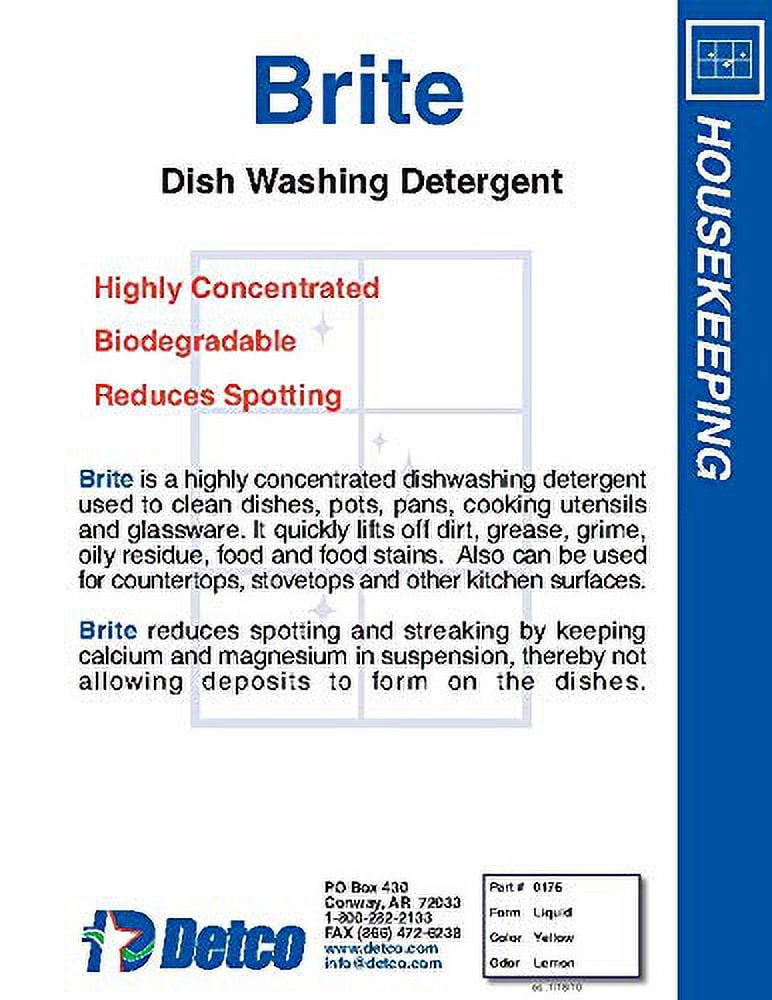 DETCO Brite - Professional Kitchen Manual Pot and Pan Detergent, Hand Wash Dish Soap Liquid Cleaner