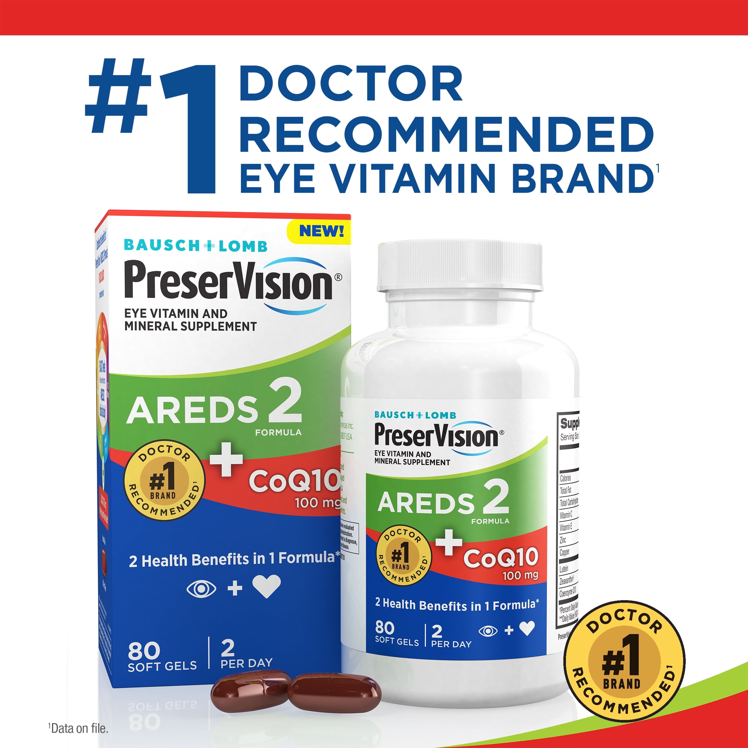 PreserVision AREDS 2 Eye Vitamins with CoQ10 for Heart Health, Lutein, Zeaxanthin, Vitamin C & E, Zinc, Copper, 80 Softgels