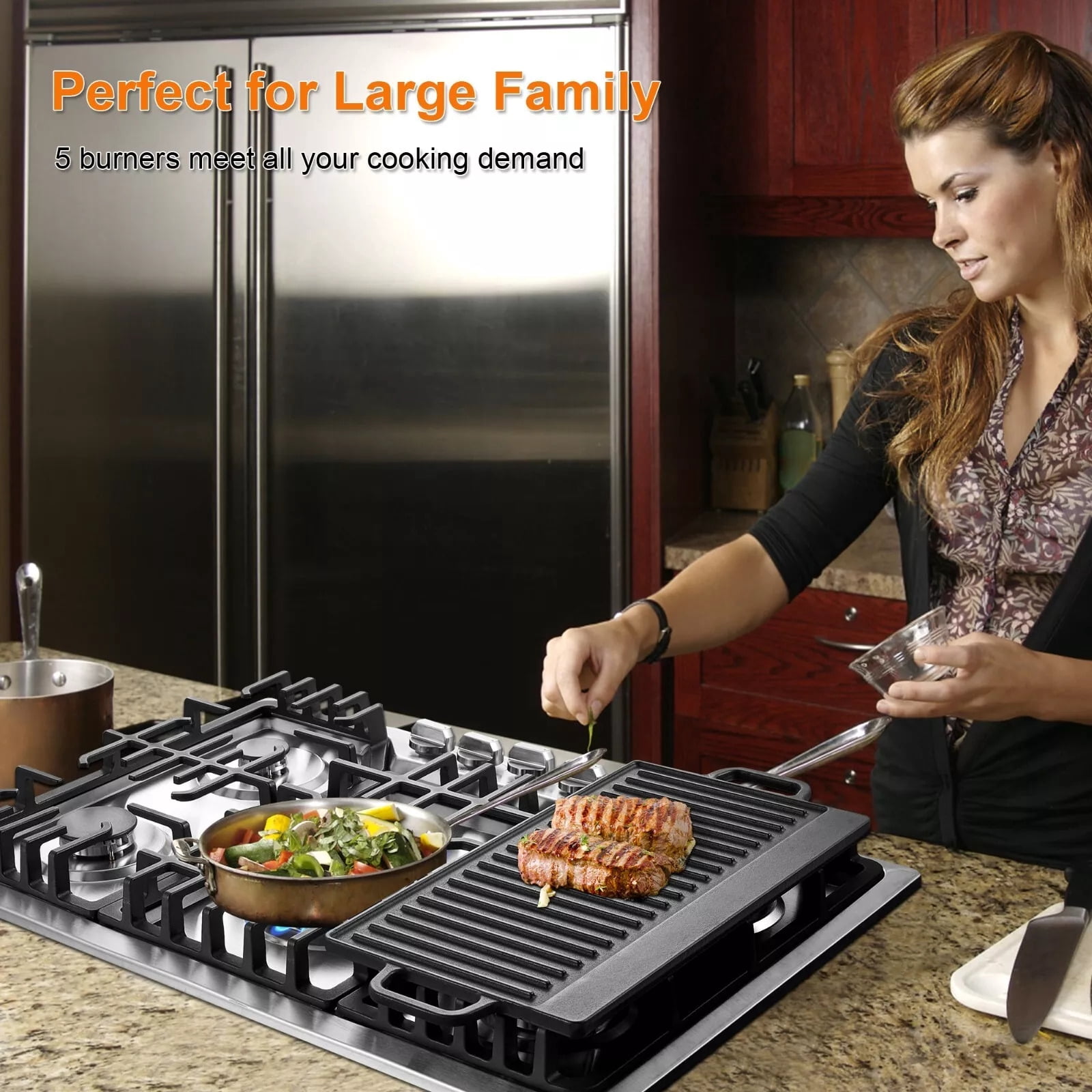 AMZGACHFKTCH 5 Burners Gas Cooktop Stainless Steel Reversible Grill