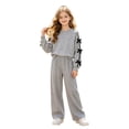 thumbnail image 3 of Hudaneo Tween Girls Bow Applique Sleeve Top and Pleated Wide Leg Pants Matching Set, Gray 10-11 Years, 3 of 8