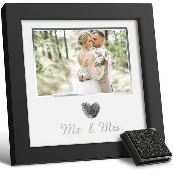 Heart Thumbprint Wedding Picture Frame with Ink Kit, Engagement Gifts for Couples Keepsake Wedding Registry Search Personalized Bridal Shower Gifts for Mr And Mrs Newlywed (Black)