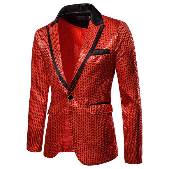 Xysaqa Men's Fashion Shiny Sequins Blazer One Button Casual Dress Suit Jacket Party Festival Tuxedo Sport Coat