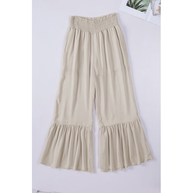 ABPHQTO Pantalones de pierna ancha con volantes y cintura alta con fruncido caqui para mujer