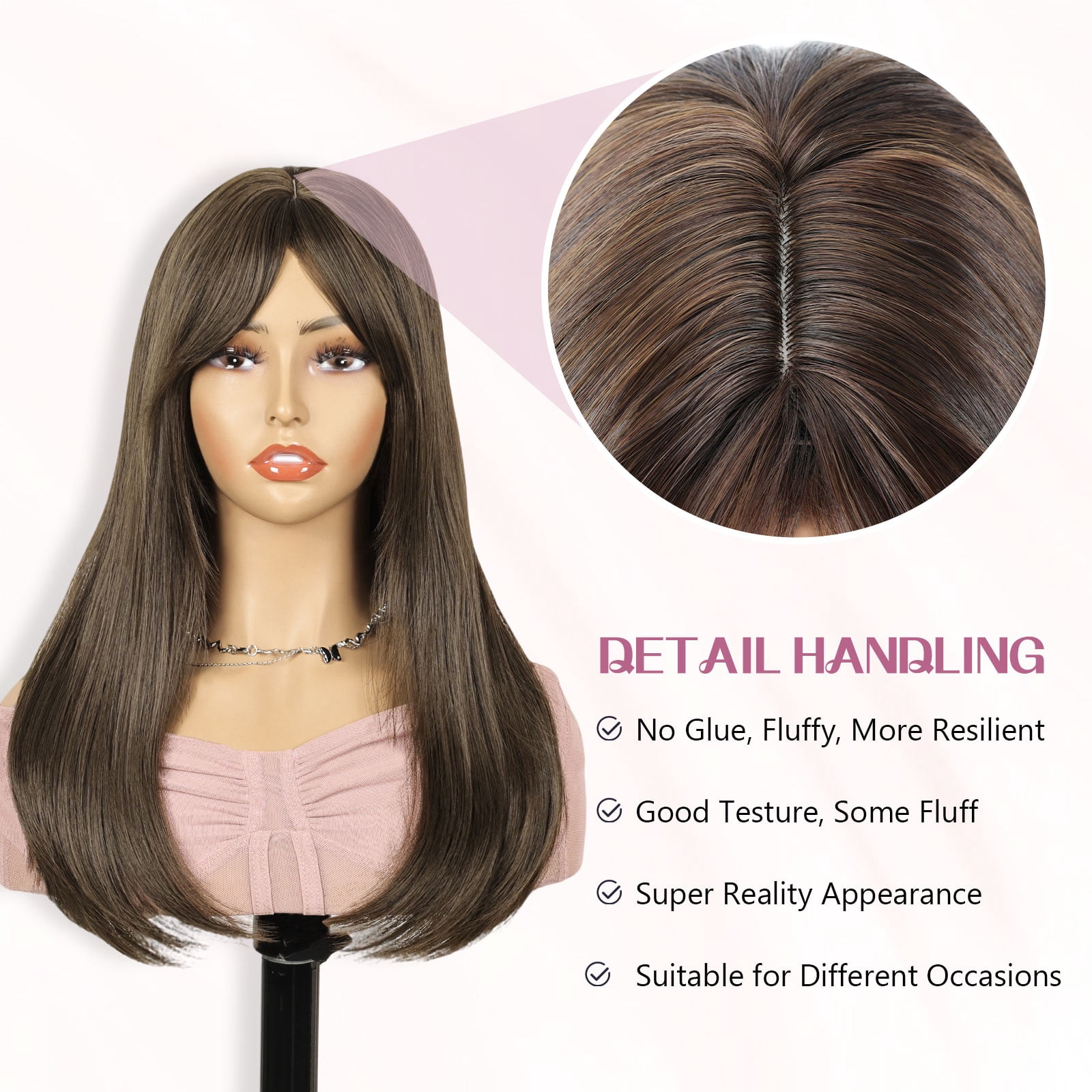 PHOCAS 20 Inch with Bangs Long Brown Wigs for Women Straight Long Bob Wig Synthetic Brown Hair Wigs Sandy Brown Glueless Wig Cap