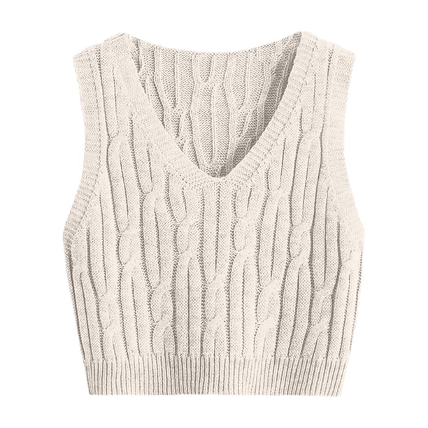 Chaleco de mujer, cuello en V, tejido de punto trenzado, sin mangas, corte holgado, color liso, tallas S-M-L