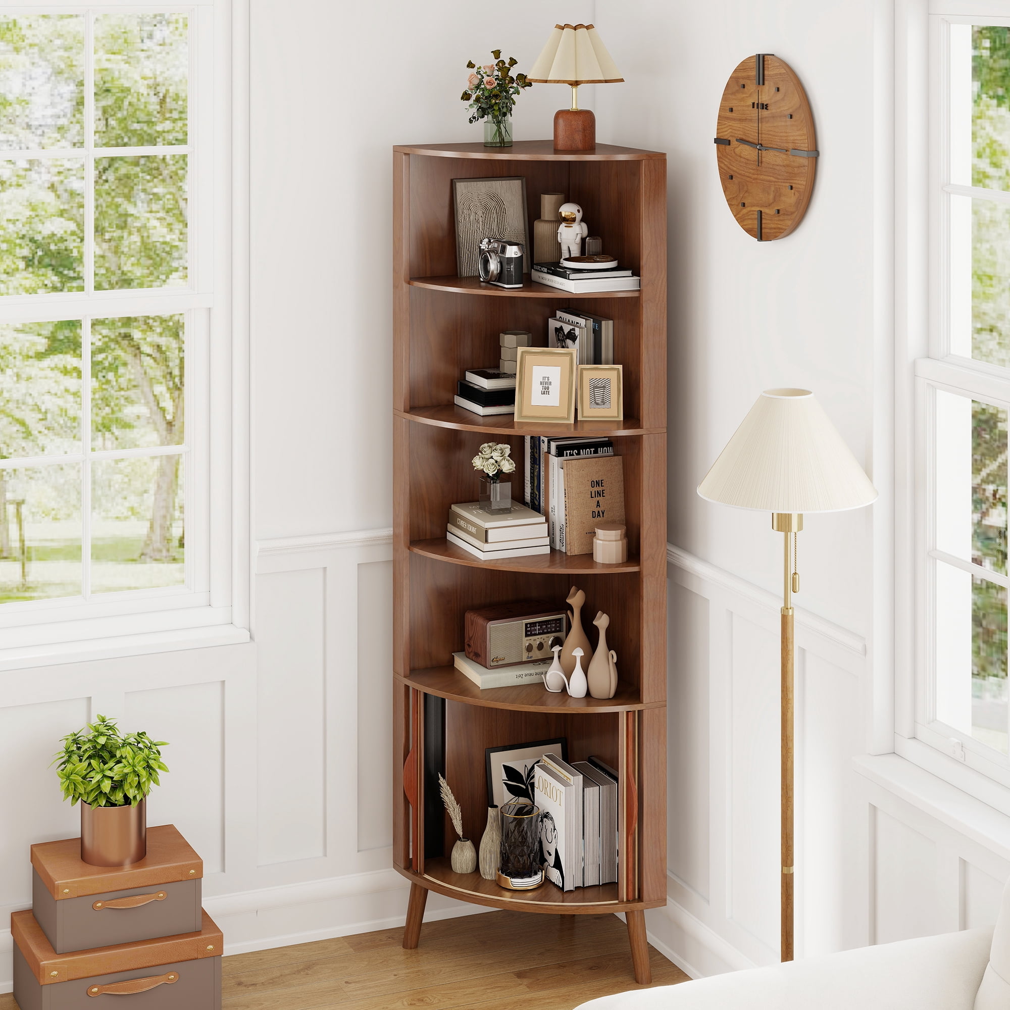Diubas 66.73'' Tall Fluted Floor Corner Cabinet, Farmhouse Storage Cabinet with 2 Doors and 5 Storage Shelves for Living Room, Kitchen, Study Room, Walnut