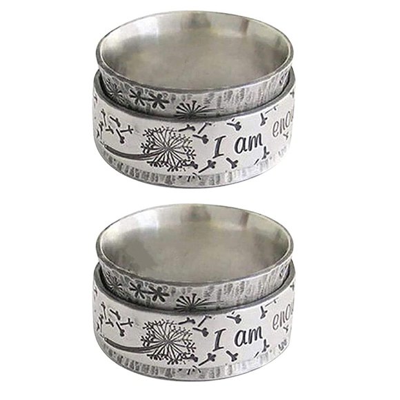 2 Pcs i Am Enough Silver Spinner Meditation Dandelion Ring Vintage Loyal Couple Ring Boho Band Finger Rings Retro Engraved Jewelry Gift No.10