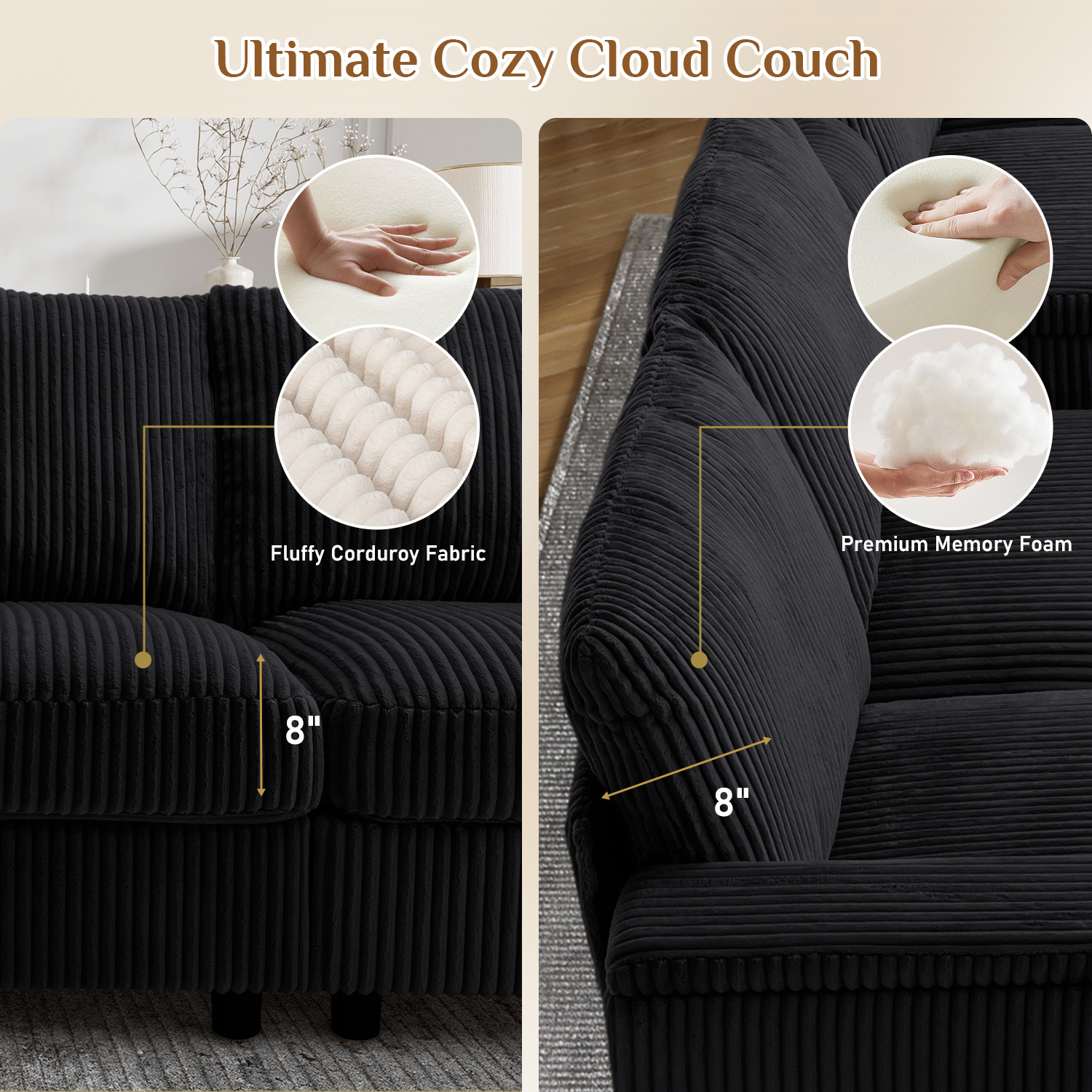 Wiilayok 153" Oversized U-Shaped Cloud Couch Sectional with Modular Design for Living Room: Comfy Corduroy, Ottoman, USB Port, Cup Holder, Armrest Storage, Side Pocket, Black