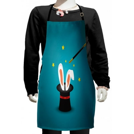 Bunny Kids Apron, Magicians Hat with Rabbit Ears and a Magic Wand Star Motifs Tricky, Boys Girls Apron Bib with Adjustable Ties for Cooking Baking Painting, Petrol Blue Multicolor, by Ambesonne