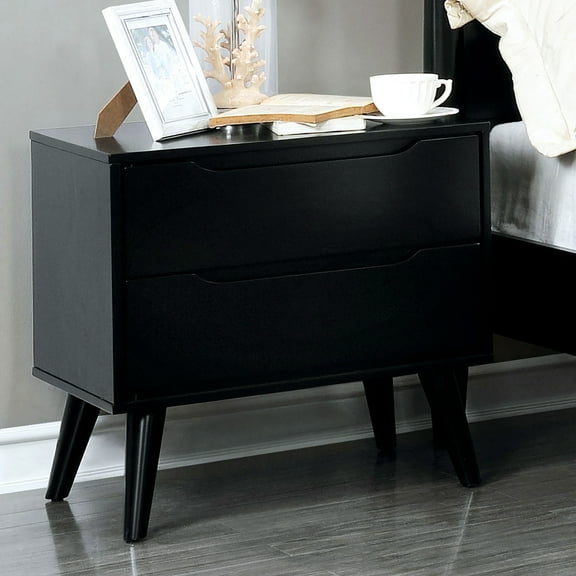 Mid-century Modern Bedroom Nightstand, Solid Wood Black 2 Table With Round Tapered Legs And Recessed Drawer Handles