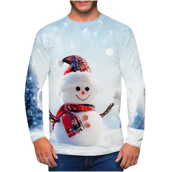 IROINNID Reduced Christmas Sweater for Men Round Neck Pullover 3D Snow Printed Realistic Print Tops,Light Blue