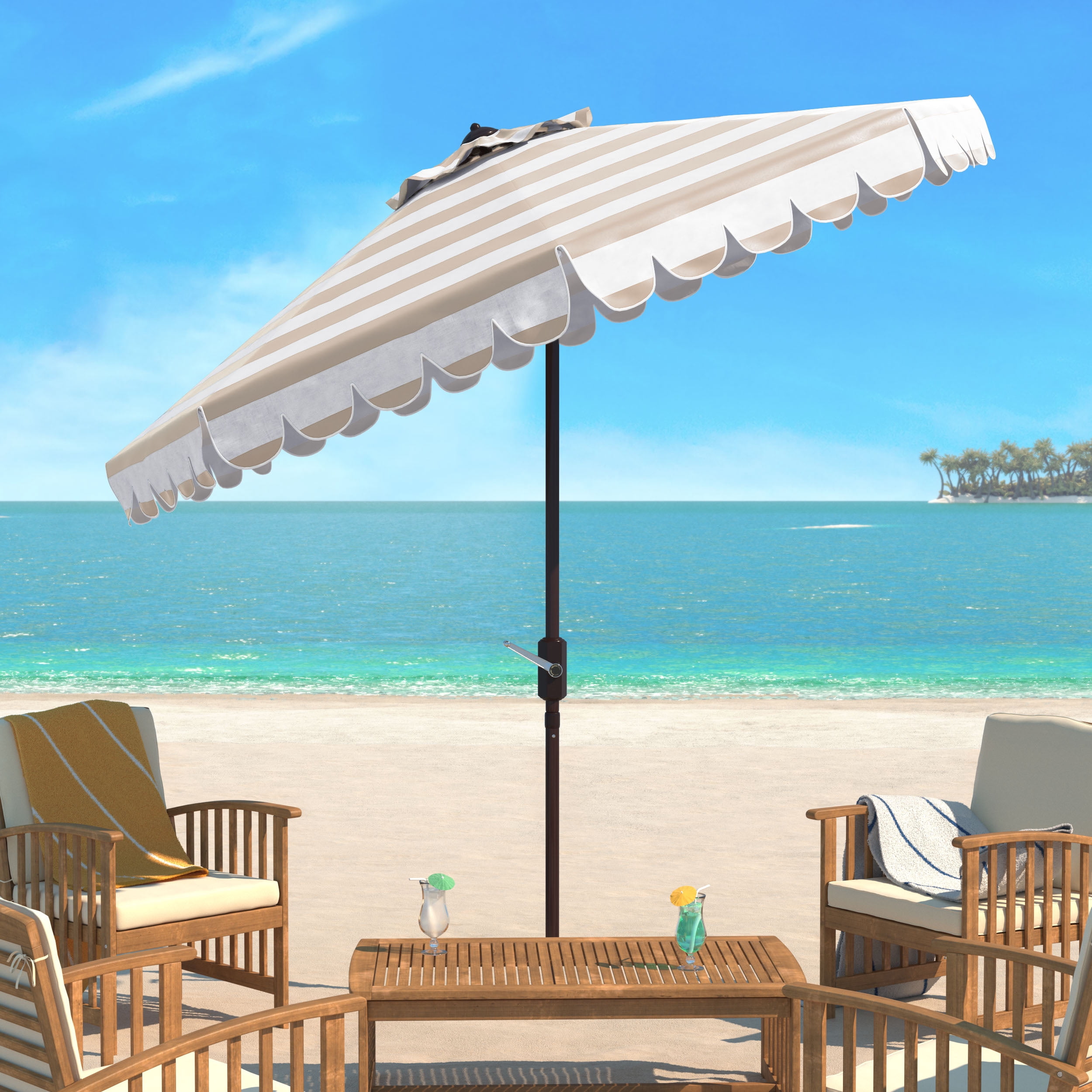 SAFAVIEH Vienna 11' Market Crank Round Patio Umbrella, Beige/White