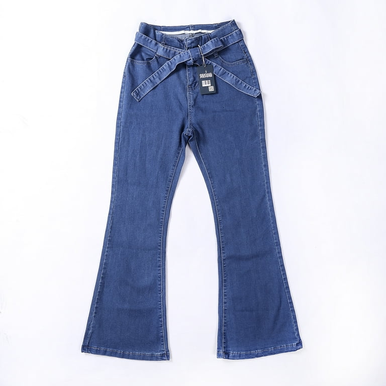 Ladies Blue Denim Trousers Long Solid Color High-Waisted Wide-Leg Flared  Pants Jeans Daily Jeans with Detachable Belt