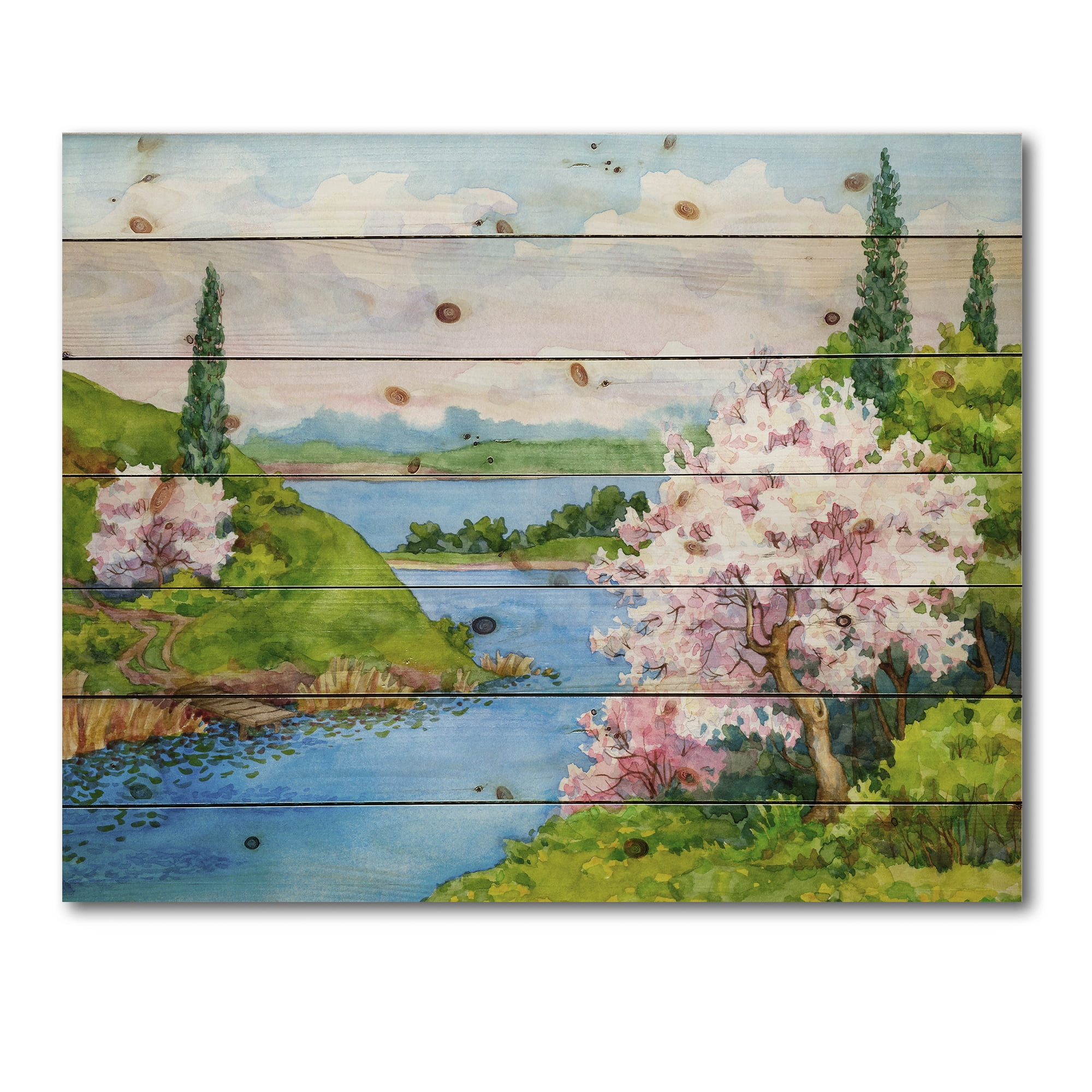 Designart 'A Bright Blue Sky Over Spring Landscape' Traditional Print on Natural Pine Wood