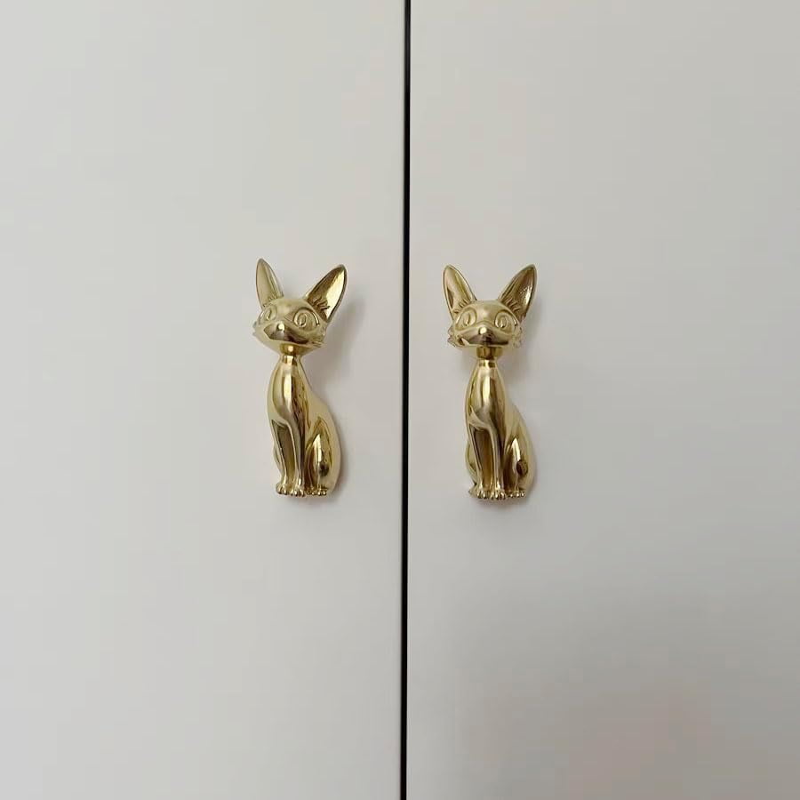 CATPAN Brass Cabinet Knobs (2 Pack) Cute Cat Golden Drawer Knob Kitchen Cabinet Pulls with Vintage Cupboard Hardware Dresser Drawer Handles Kitchen Cabinet Handles