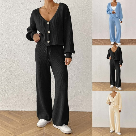 Feancey Womens Lounge Sets 2 Piece Outfits Button Down V Neck Sweater Cardigans Drawstring Wide Leg Pants Knitted Set Cozy Casual Travel Outfits Beige S