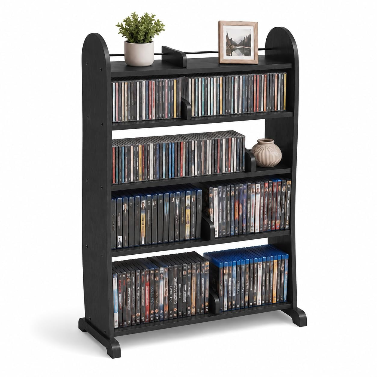 LEYAOYAO 5-Tier DVD Storage Shelf, CD Rack and Media Bookcase with Adjustable Dividers for DVDs, CDs, Blu-Ray, Video Games and Books, Black