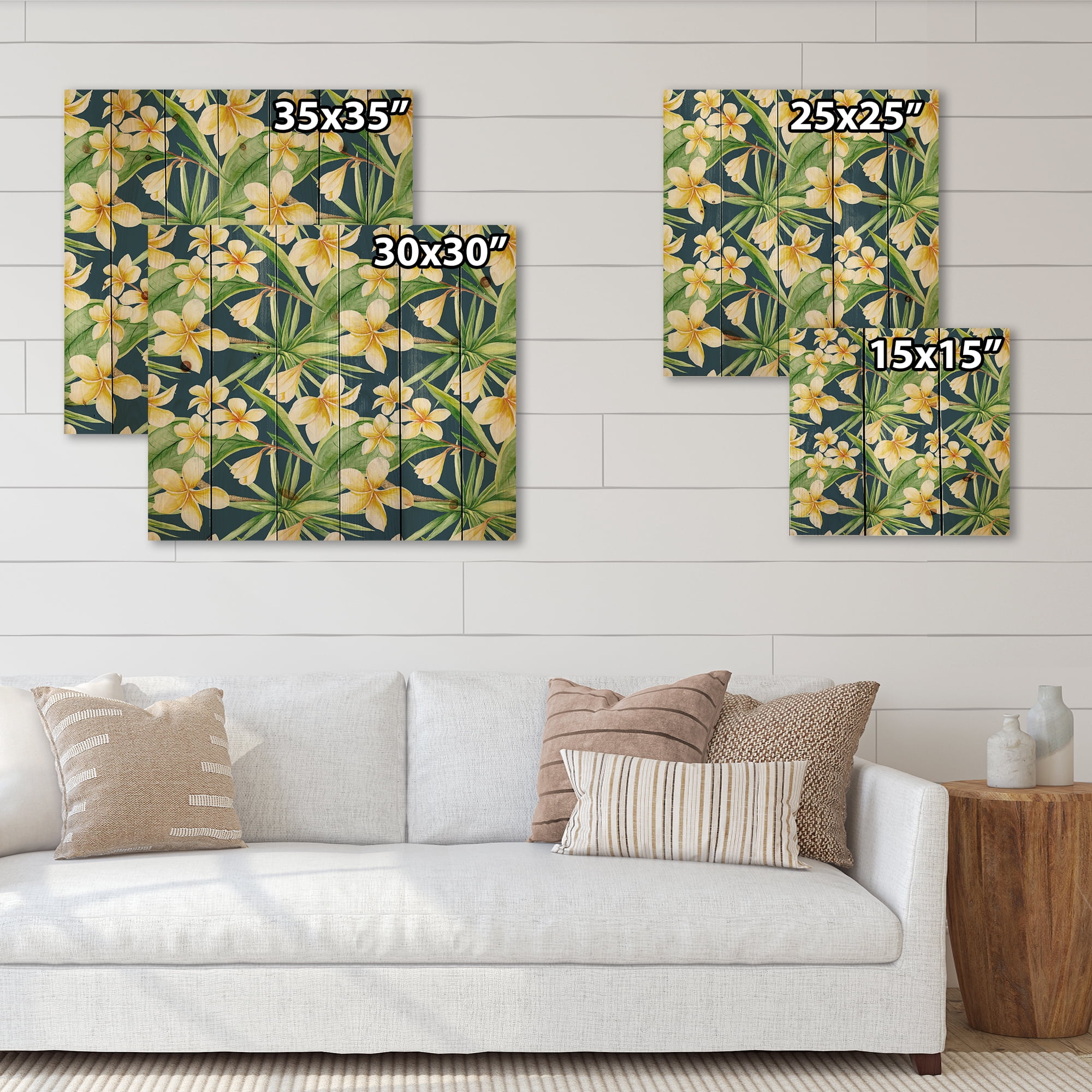 Designart 'Yellow Flowers and Tropical Foliage VIII' Modern Print on Natural Pine Wood