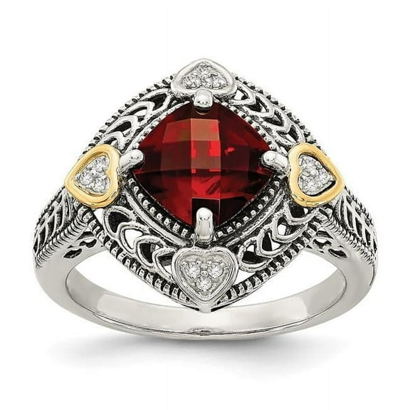 Shey Couture  Sterling Silver with 14K Accent Antiqued Diamond and Checkerboard Cushion Garnet Ring