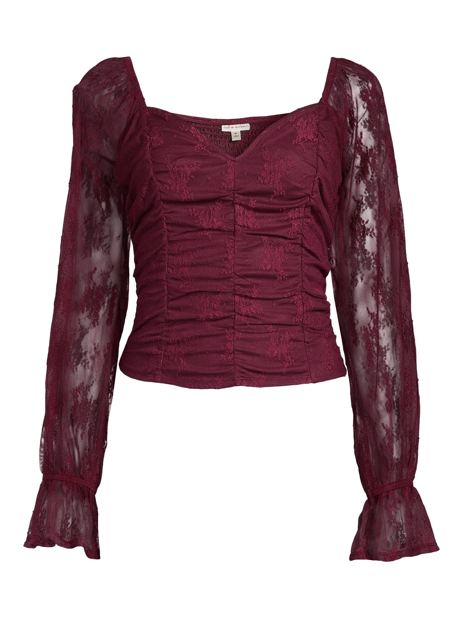 Self Esteem Juniors Shirred Bodice Crop Top with Blouson Sleeves