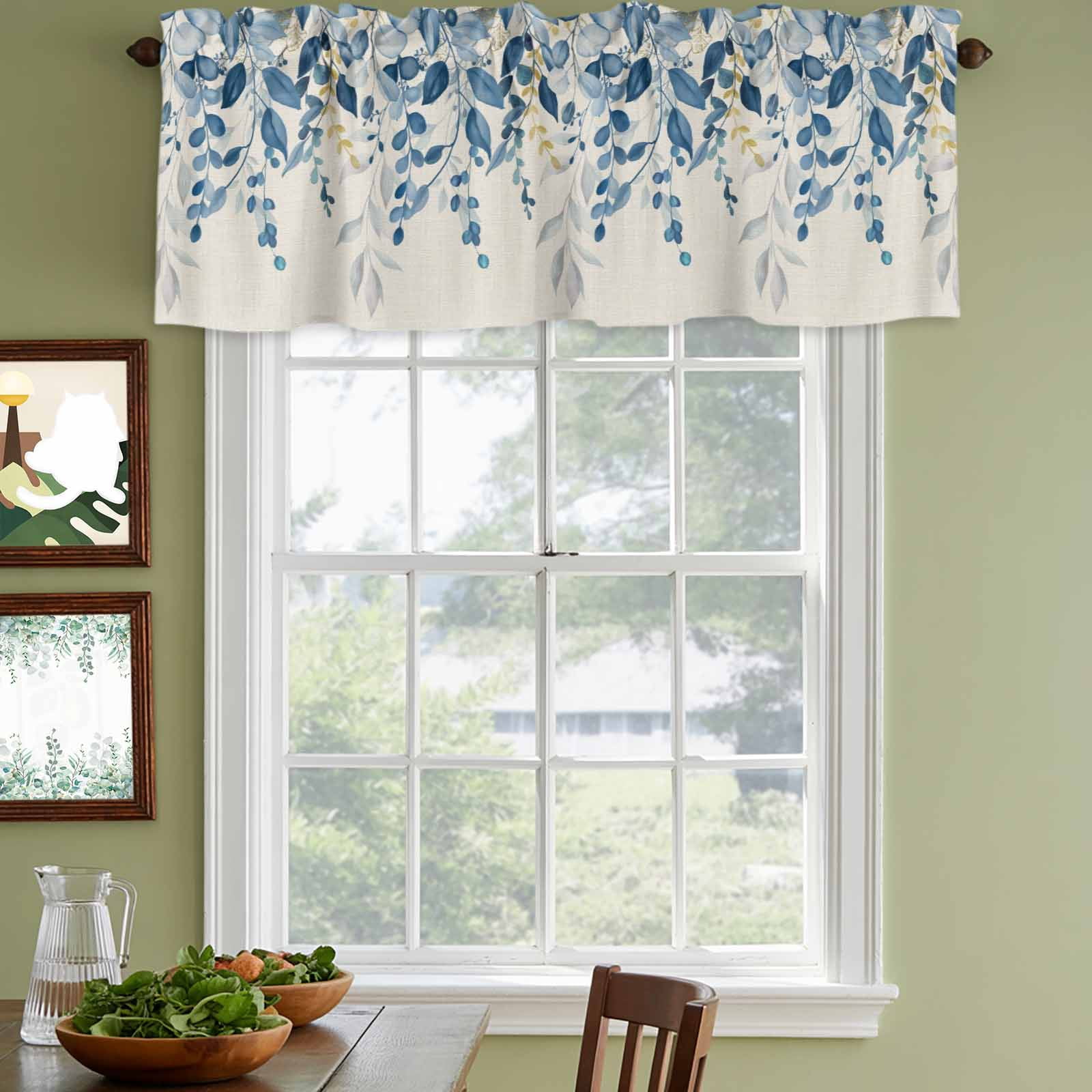 2 Pack Valances for Windows, Blue Eucalyptus Window Valances for Living Room/Bedroom/Bathroom, Farmhouse Weeping Leaves Linen Light Filtering Kitchen Curtain Valance Window Treatment 42"W x18" L