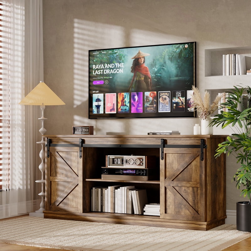 Furmax 65 inch TV Stand Entertainment Center with Sliding Barn Doors and Storage,Rustic Oak