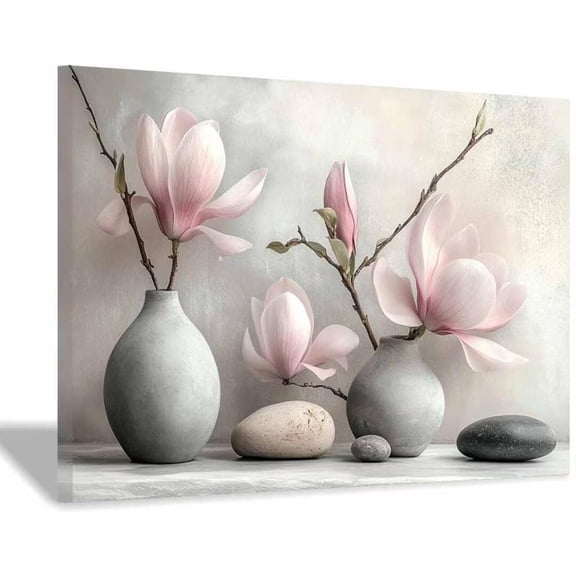 Mudket Pink Magnolia Flowers in Gray Vases Canvas Wall Art, Framed Floral Print, Ready to Hang Zen Wall Decor for Bedroom Bathroom Office, Minimalist Artwork - 12"L x 8"W