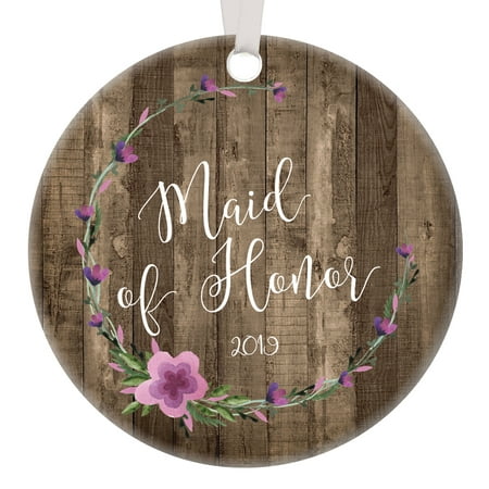 Maid of Honor Proposal Ornament 2019 Bridal Party Gifts Christmas Engagement Announcement Best Friend Sister Cousin Present Rustic Wedding Theme Barn Wood Purple Floral 3