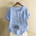 thumbnail image 1 of Women Casual And Linen Round-Neck Top Printed Short Sleeve Button T-shirt Blouse, 1 of 1