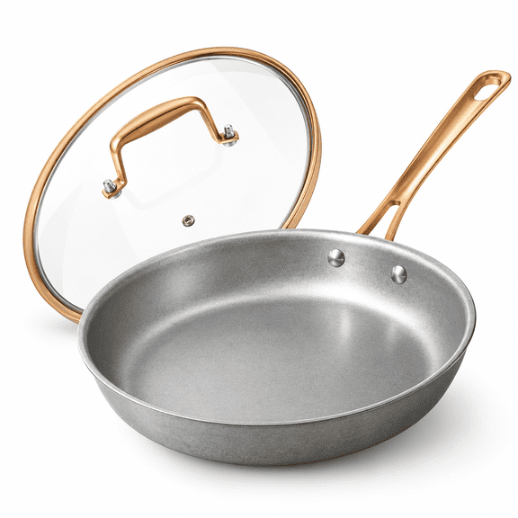 Kitexpert 11 inch Tri-Ply Stainless Steel Pan, Retro Skillet with Tempered Glass Lid, Cooking Pan, Non Toxic Cookware, Oven Safe, Induction Compatible