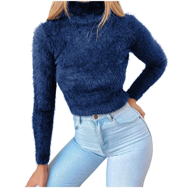 Yuyuzo Chandails pour Femmes Automne Hiver Décontracté Manches Longues Col Montant Ajusté Crop en Peluche