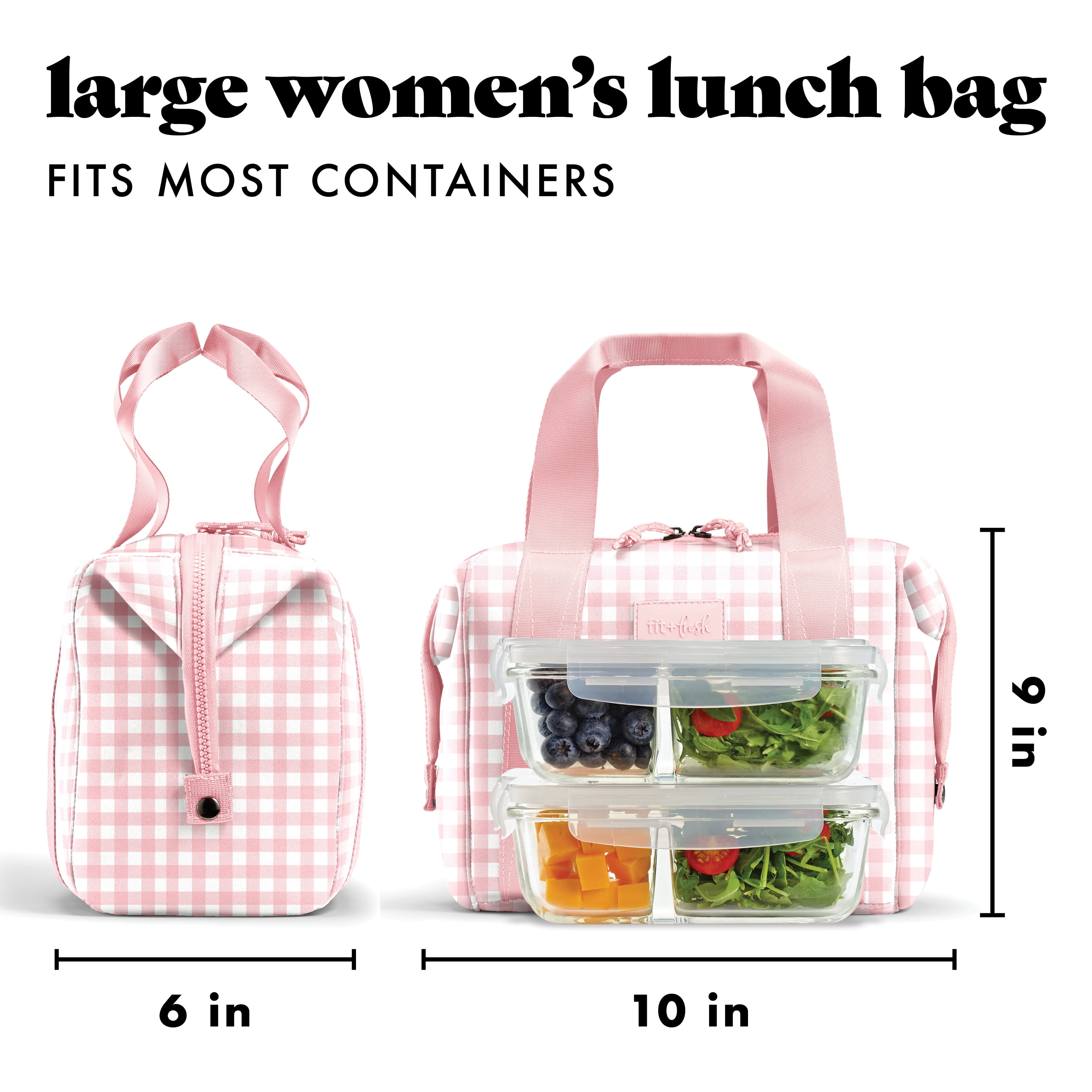 Fit + Fresh Remi Women's Lunch Bag, Self Insulating Neoprene Material Lunch Box With Containers & Ice Pack, Pink Gingham