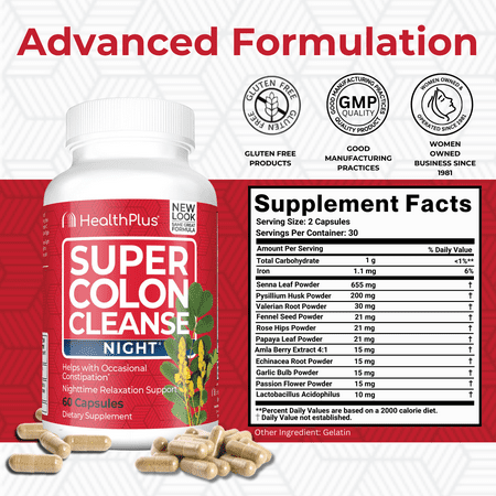 Health Plus Super Colon Cleanse Night Formula, 60 Capsules, 30 Servings
