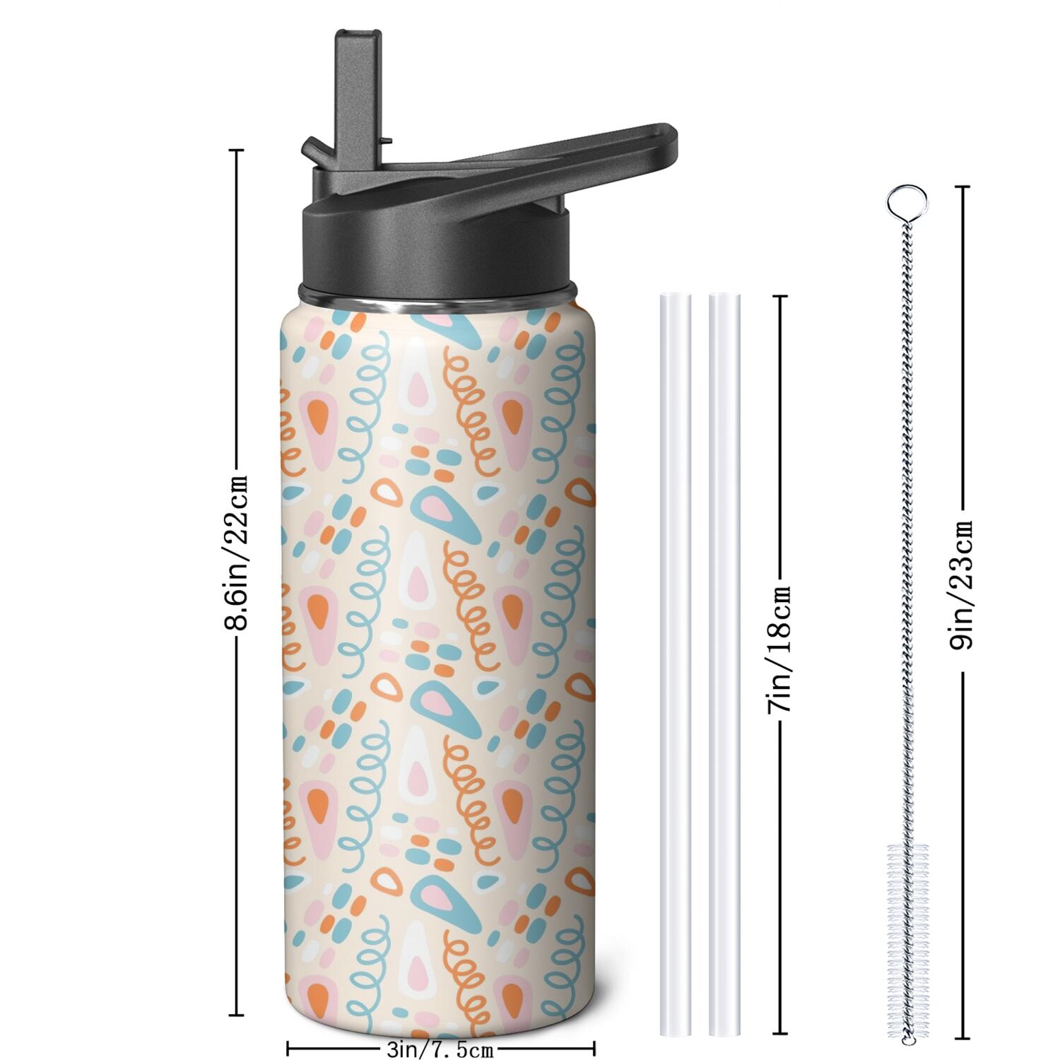 Modern 18 oz Insulated Stainless Steel Water Bottle with Straw & Cleaning Brush , Leakproof, BPA-Free, 304 Stainless Steel, Wide Mouth, Travel Mug for Car, Gym, Office