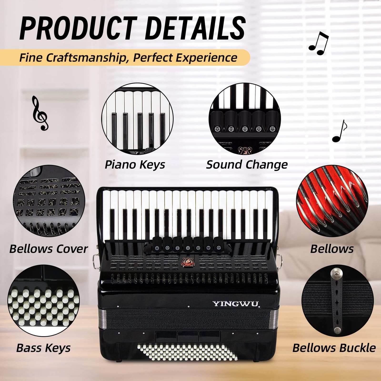 Accordion, 37 Keys 96 Bass Professional Accordion for Beginners and Advanced Players with Backpack and Strap