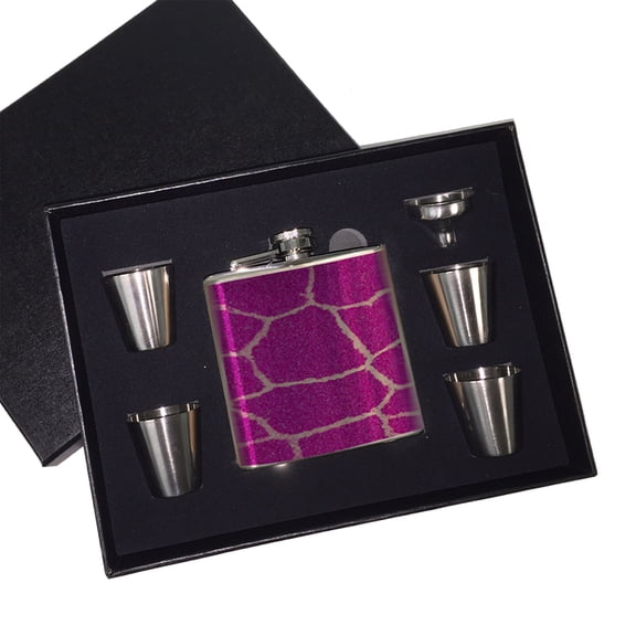 KuzmarK 6 oz. Stainless Steel Flask Set in Black Presentation Box -  Giraffe Skin Pink Sparkle