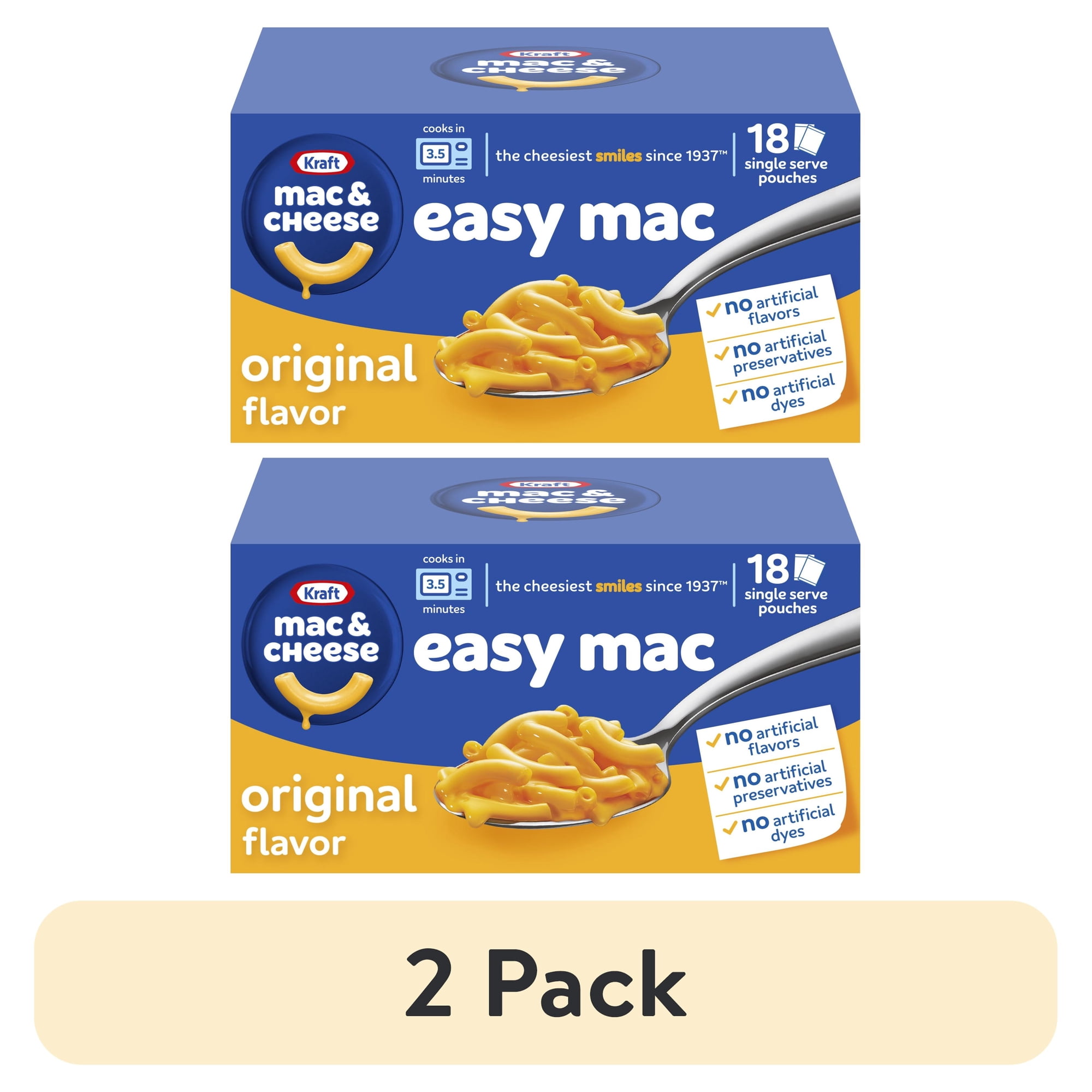 (2 pack) Kraft Easy Mac and Cheese, 18 Packets, for Easy Dinner or Dinner Sides, Original Flavor, No Artificial Flavors, Preservatives or Dyes, 38.7 oz
