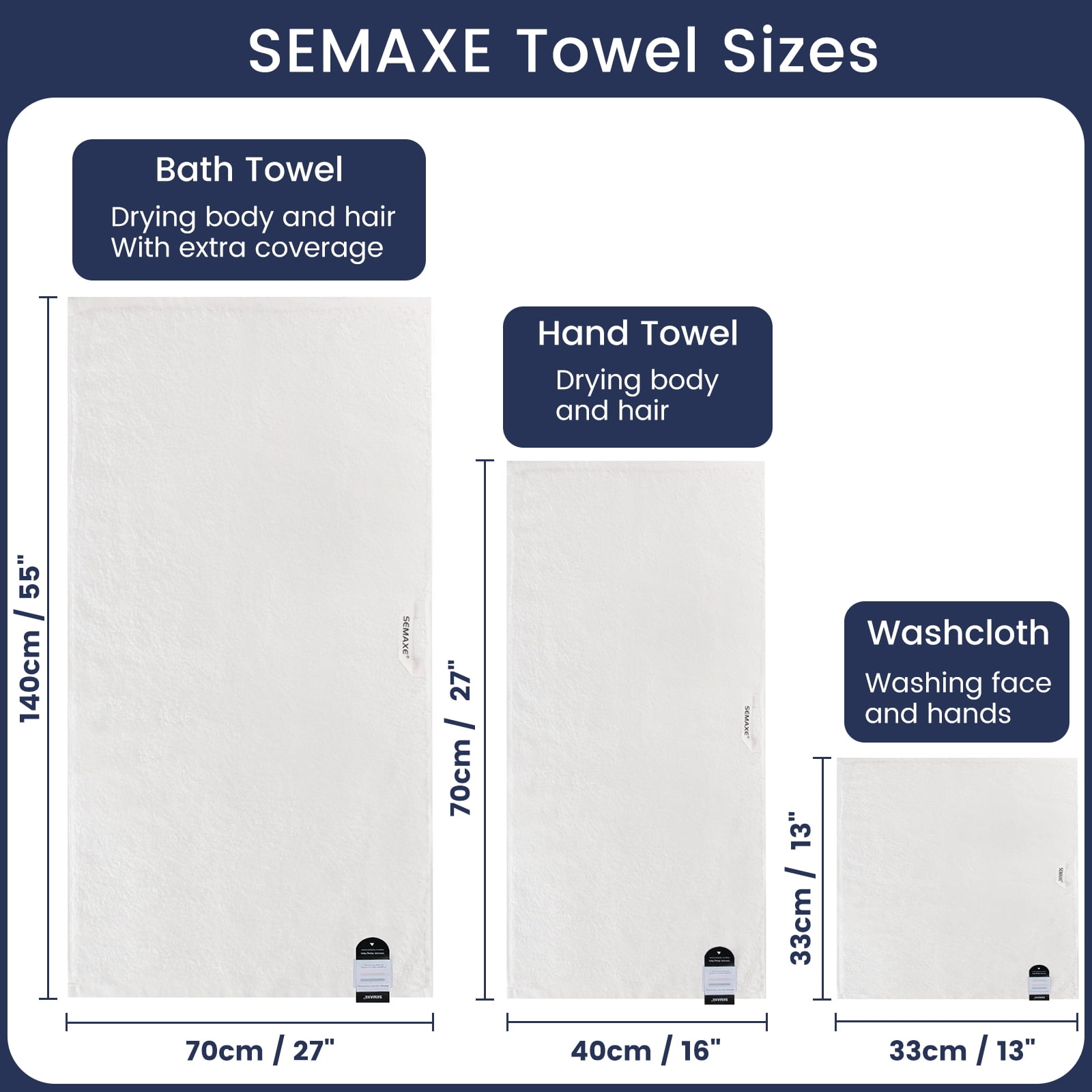 SEMAXE 18-Piece Luxury Cotton Bath Towel Set: 6 Bath Sheets (28x55in) + 6 Hand Towels (16x28in) + 6 Washcloths (13x13in) | Ultra Plush & Quick-Dry | Family Value Pack for Bathroom Essentials, White
