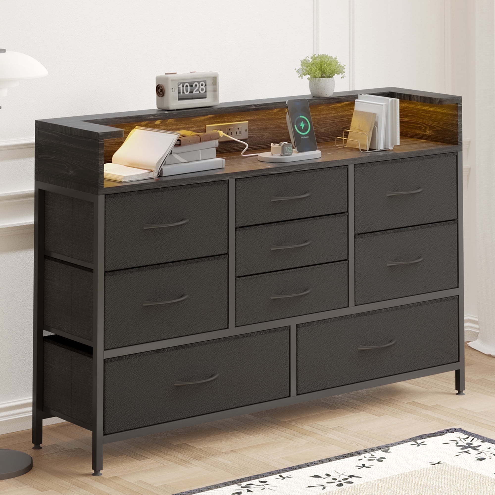 Tomnk woo Black LED Dresser with 9 Drawers, Charging Station, PU Fabric Finish for Living Room, Hallway