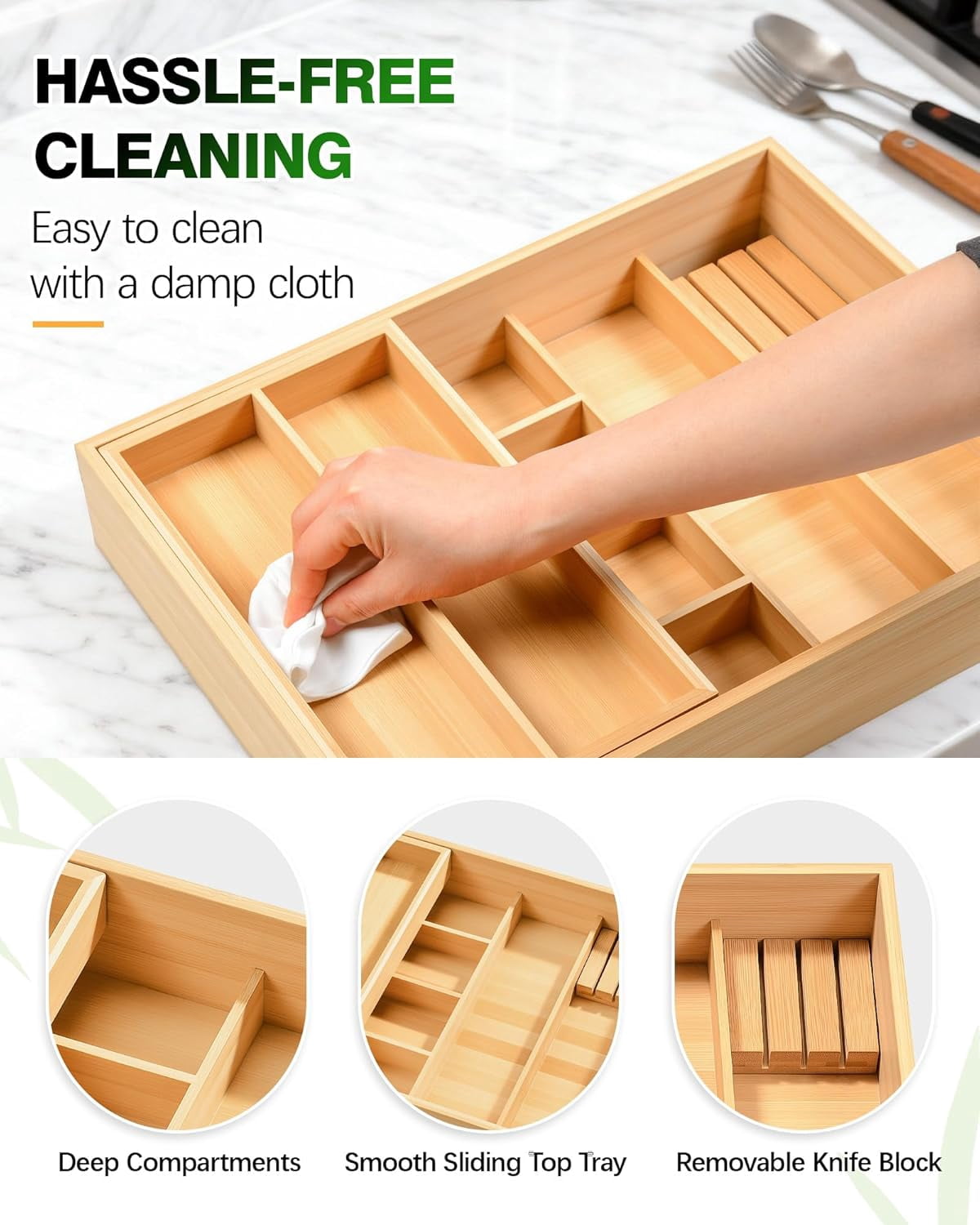 Silverware Drawer Organizer with Sliding Top Tray, Double Layer Wooden Utensil Organizer with Removable Knife Holder