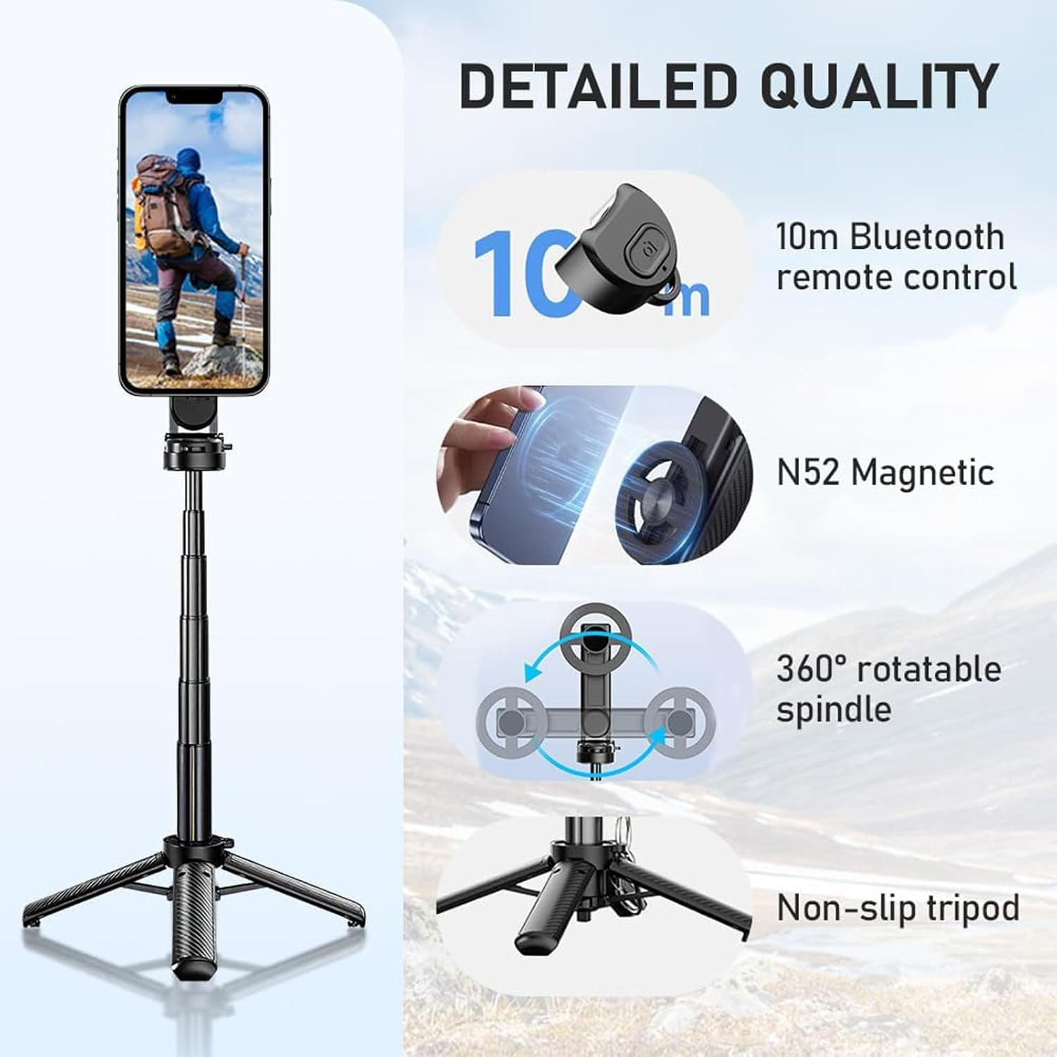 Magnetic Pocket Selfie Stick, 2026 New 4-in-1 Multifunctional 360° Rotation Magnetic Selfie Stick, Phone Tripod Stand with Wireless Remote, Extendable Detachable for Home, Travel, Vlogging