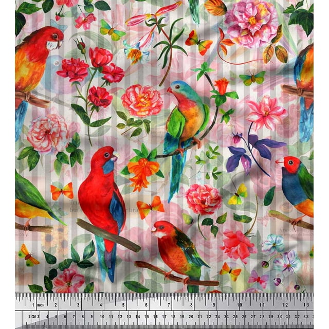 Soimoi White Rayon Fabric Stripe,Floral & Parrot Bird Decor Fabric Printed BTY 42 Inch Wide