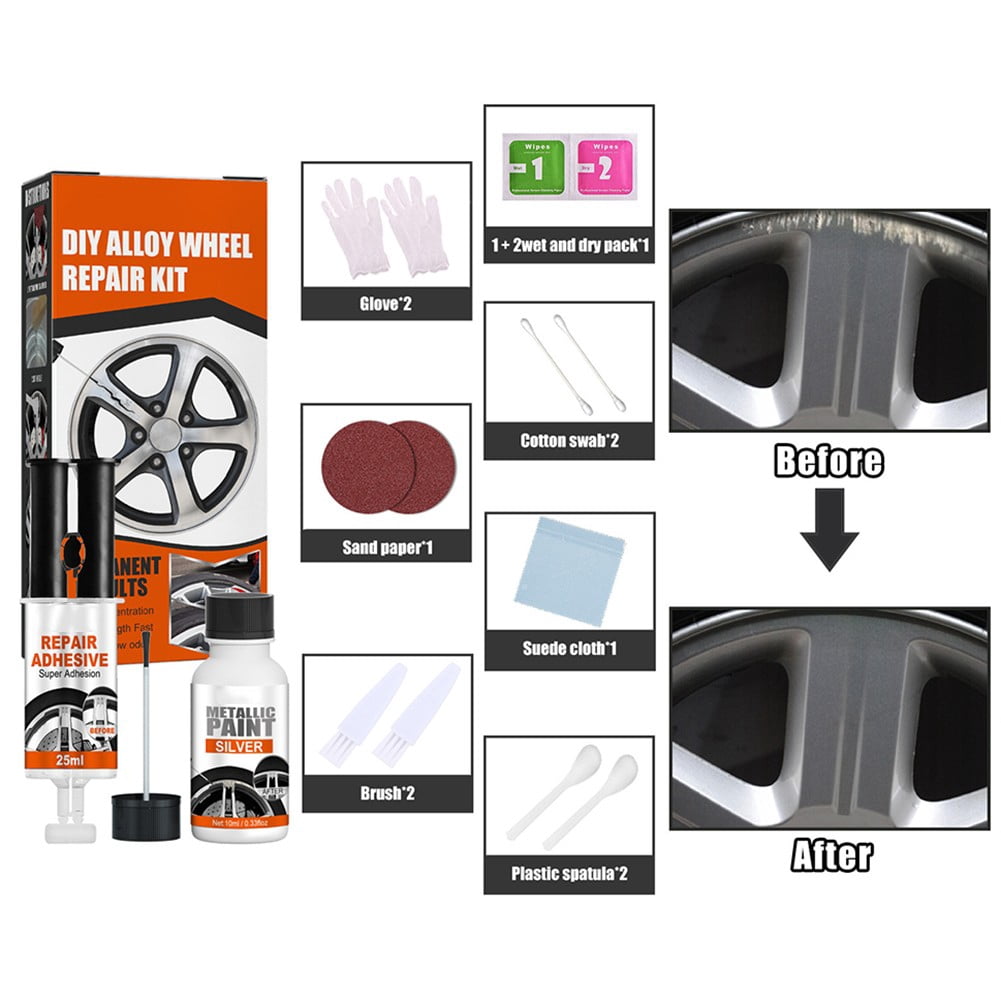 Kit Réparation Jantes Aluminium - Stylo Retouche + Colle, Pour Rayures Et Bosses, Couleur Gris Argenté